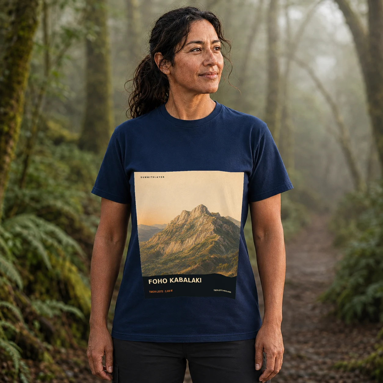 Navy Foho Berelaca T-shirt front with mountain artwork