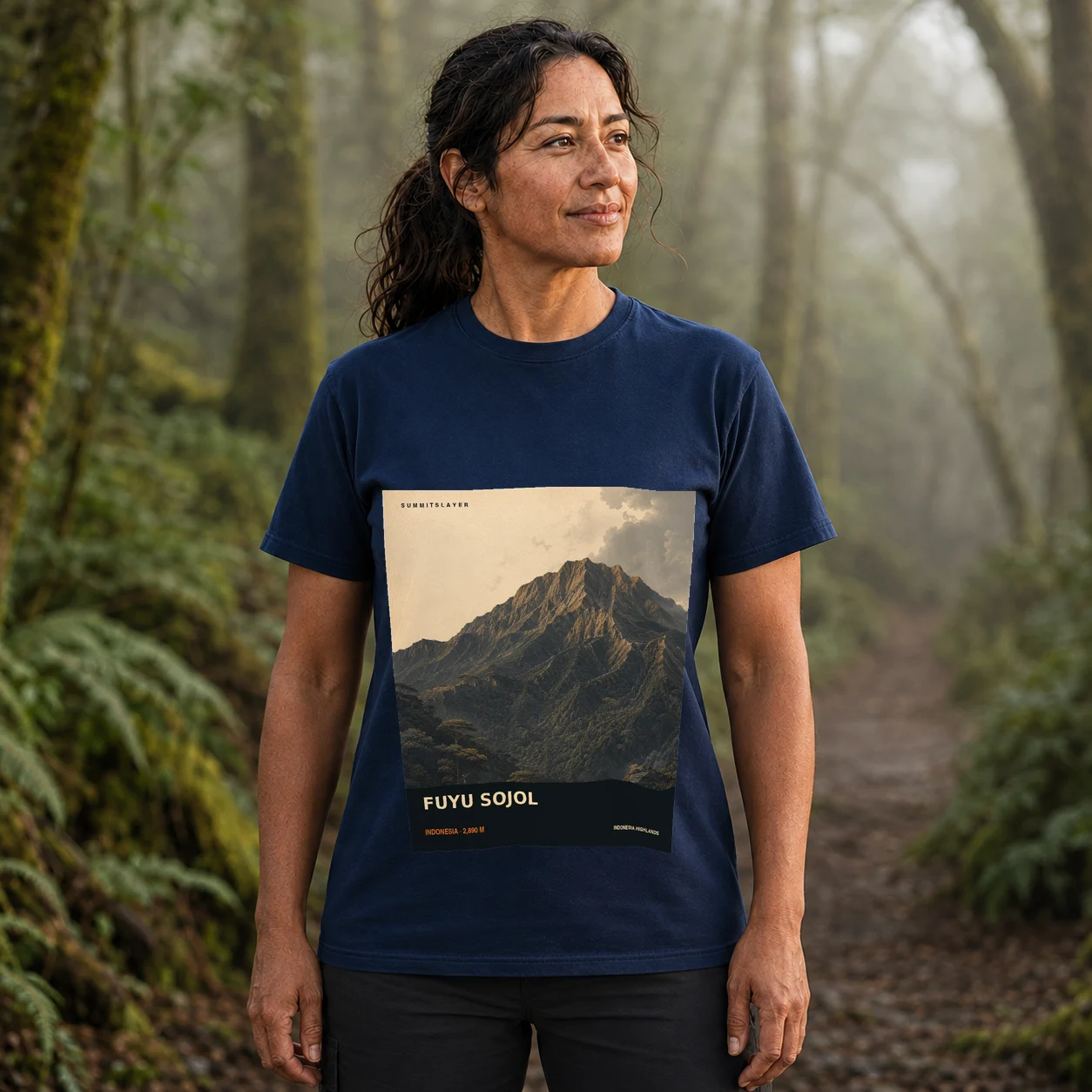 Navy Fuyul Sojol T-shirt front with mountain artwork