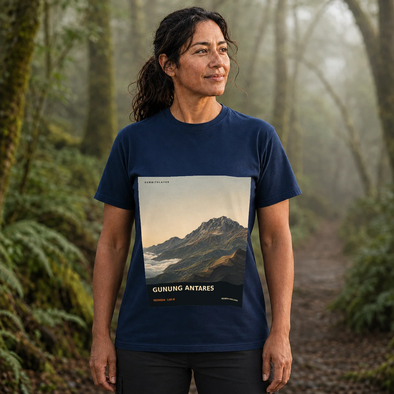 Navy Gunung Antaros T-shirt front with mountain artwork