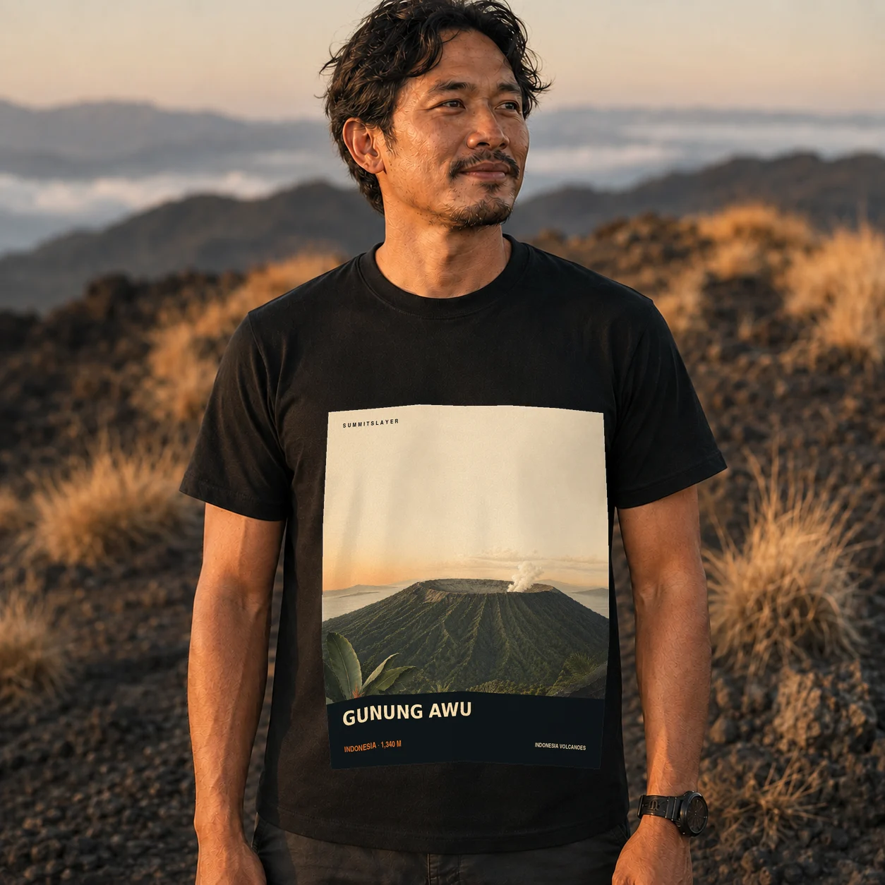 Black GUNUNG AWU T-shirt front with mountain artwork