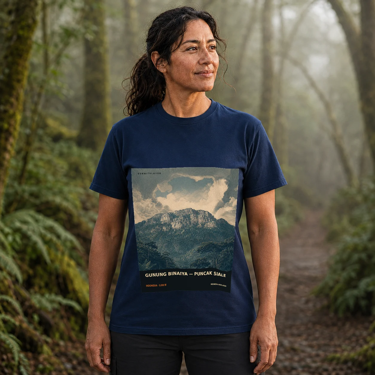 Navy GUNUNG BINAIYA — PUNCAK SIALE T-shirt front with mountain artwork