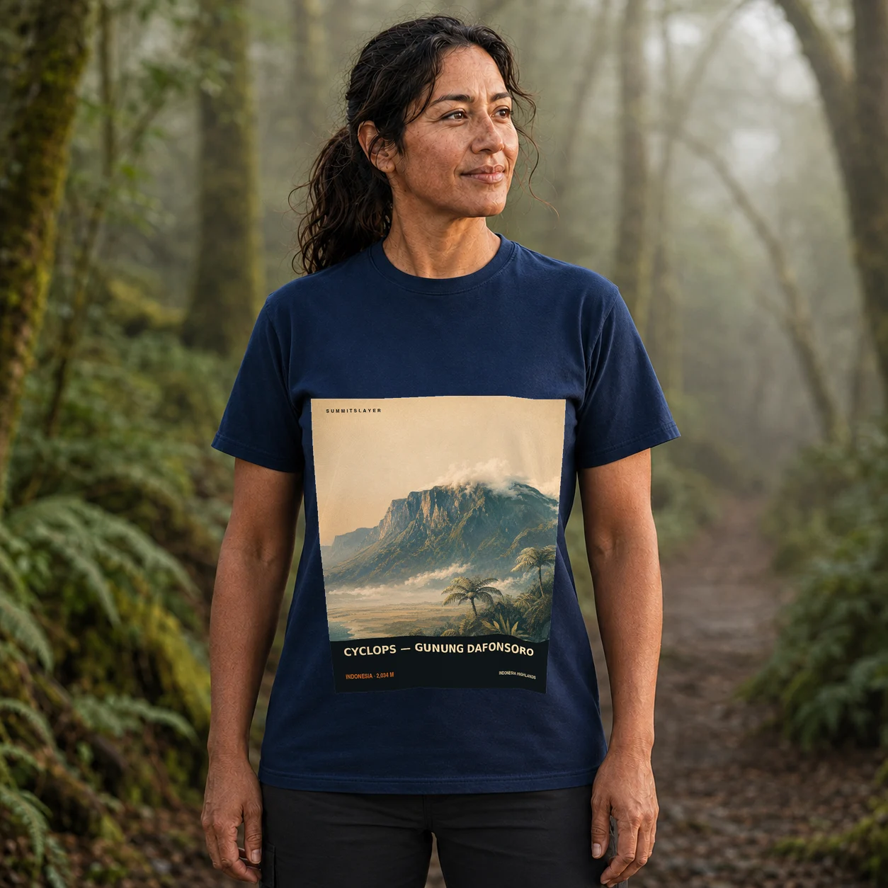 Navy Gunung Cycloop T-shirt front with mountain artwork