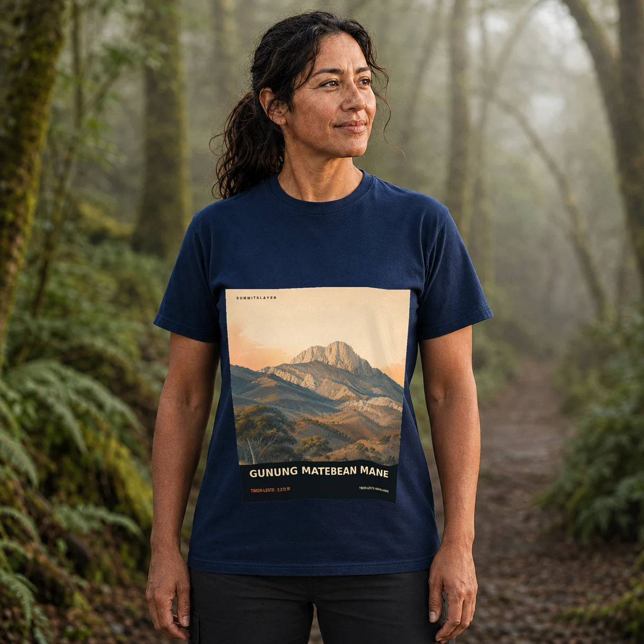 Navy Gunung Matebeanfeto T-shirt front with mountain artwork