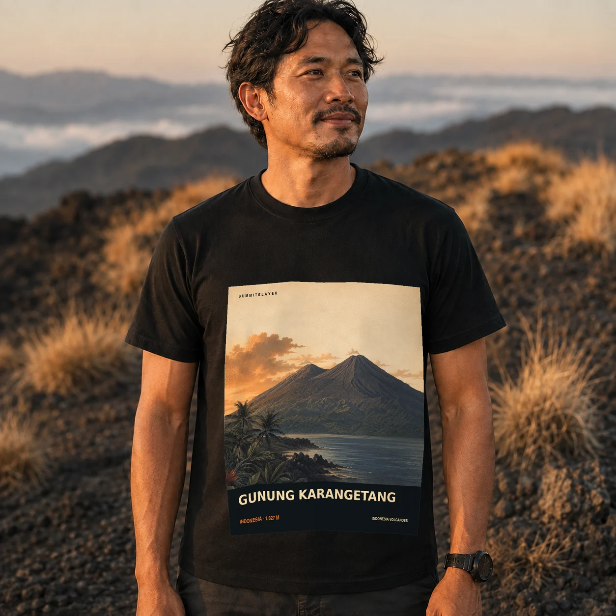 Black Awu Karangetang T-shirt front with mountain artwork