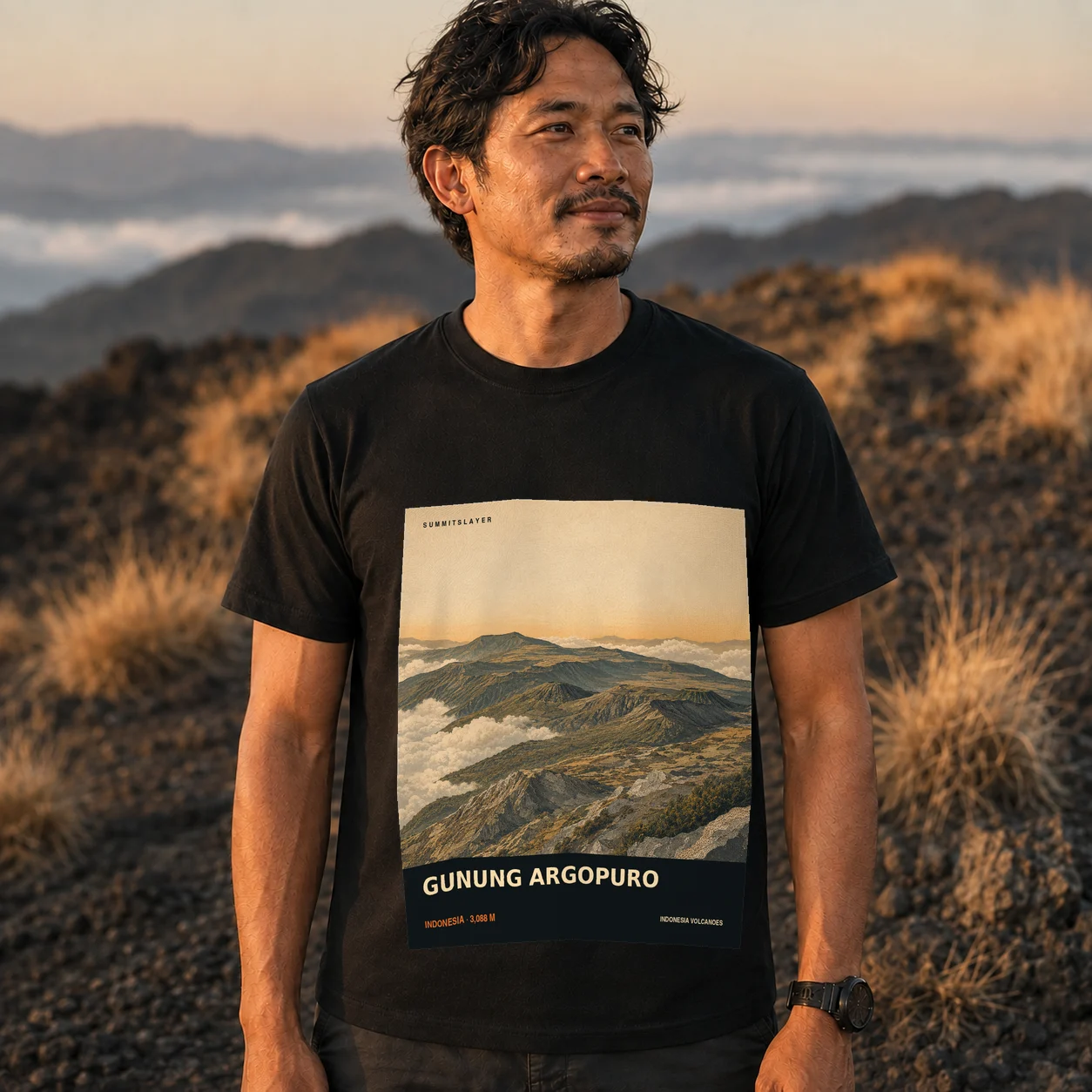 Black Gunung Argopuro T-shirt front with mountain artwork