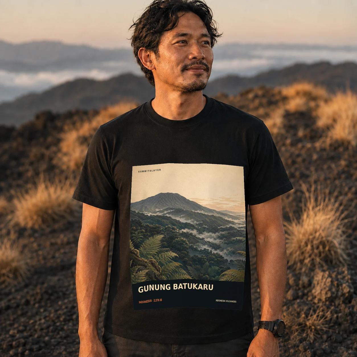 Black Gunung Batukaru T-shirt front with mountain artwork