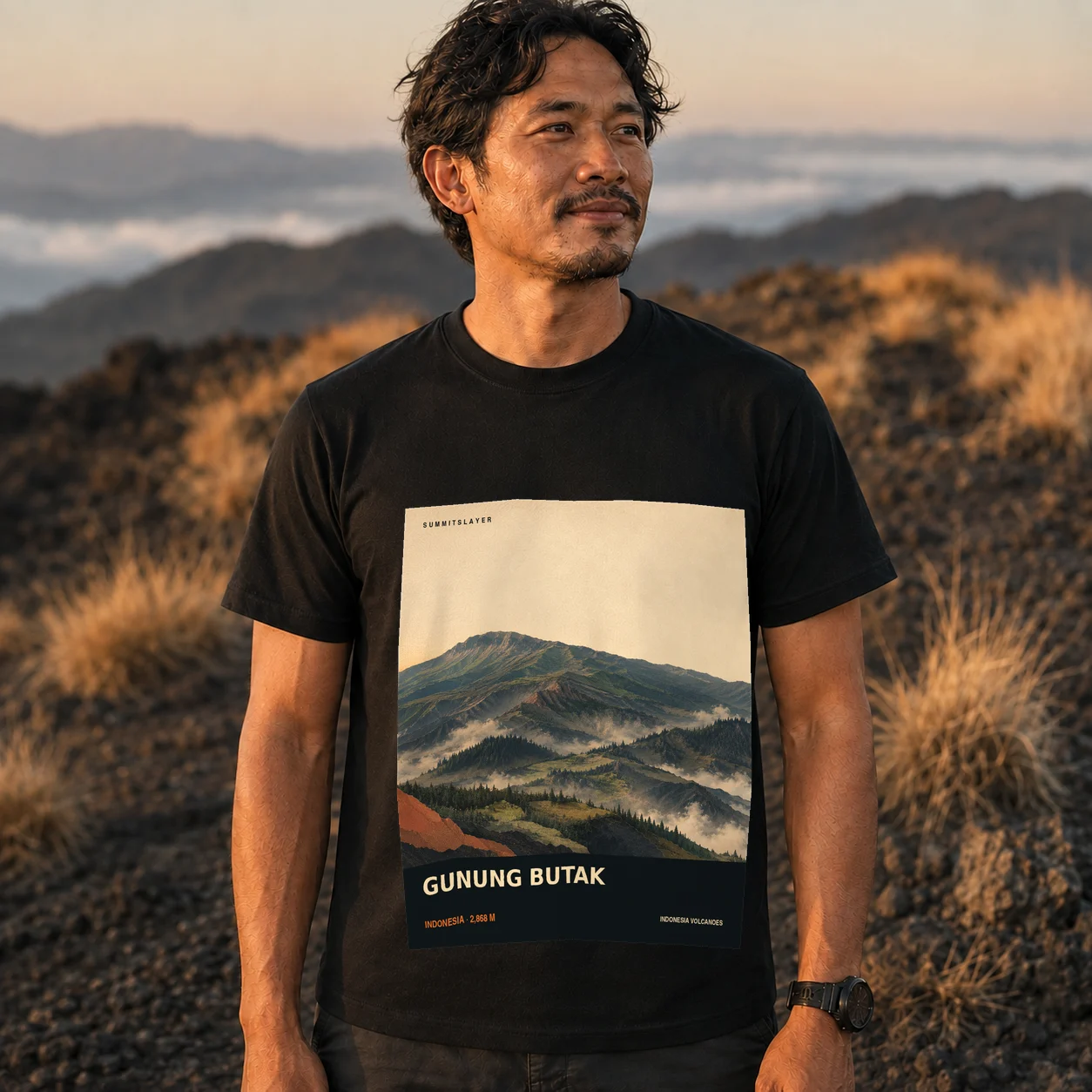 Black Gunung Butak T-shirt front with mountain artwork