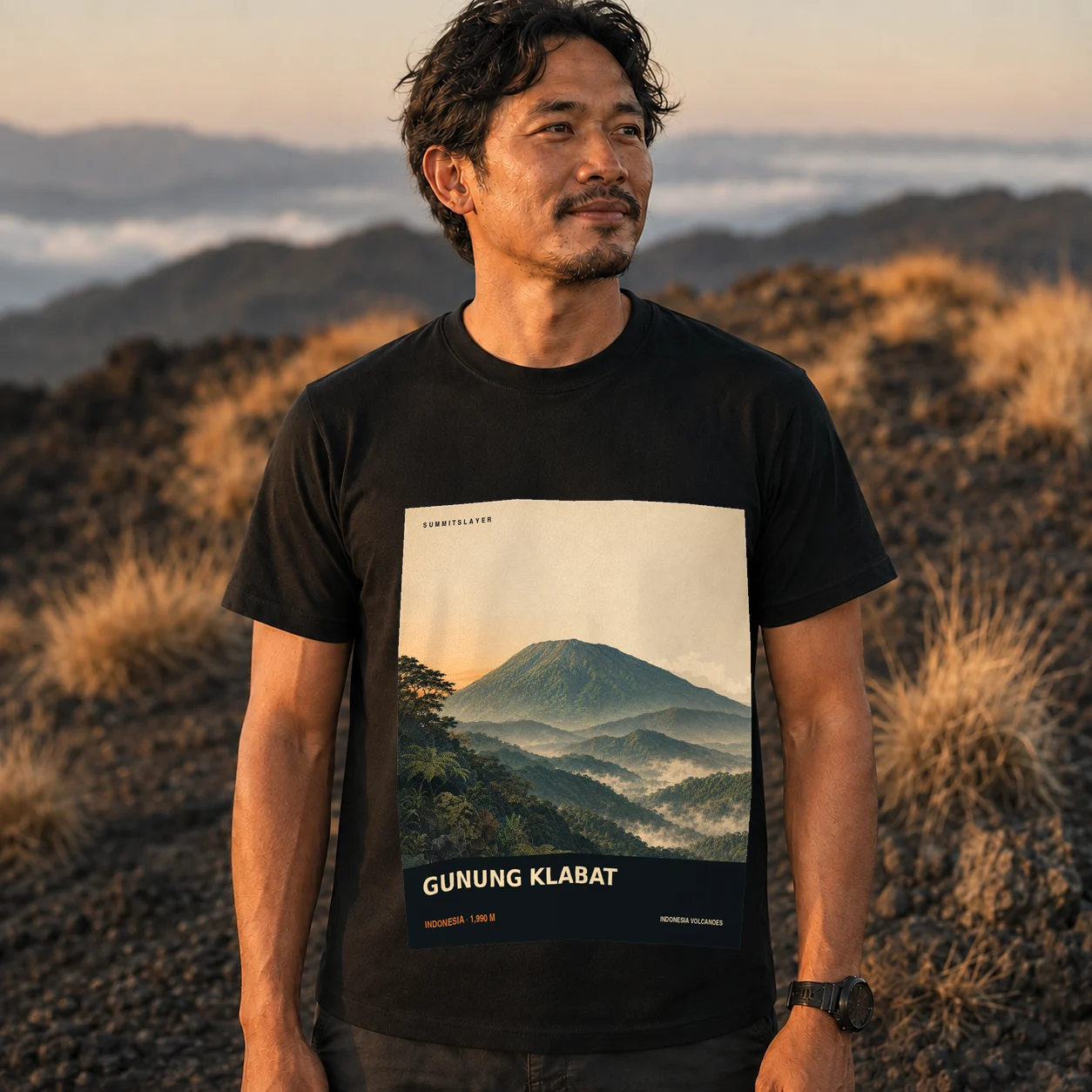 Black GUNUNG KLABAT T-shirt front with mountain artwork