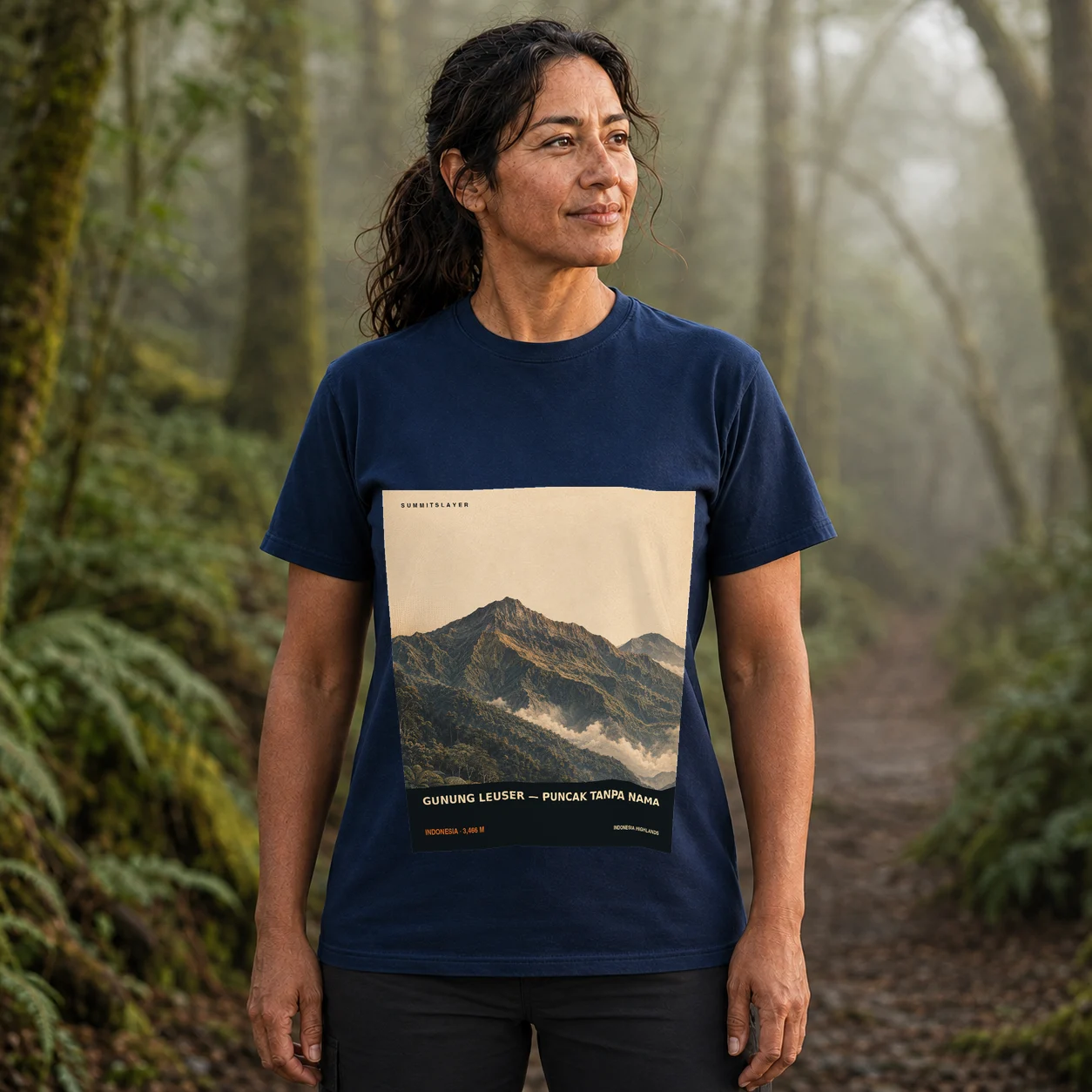 Navy GUNUNG LEUSER — PUNCAK TANPA NAMA T-shirt front with mountain artwork