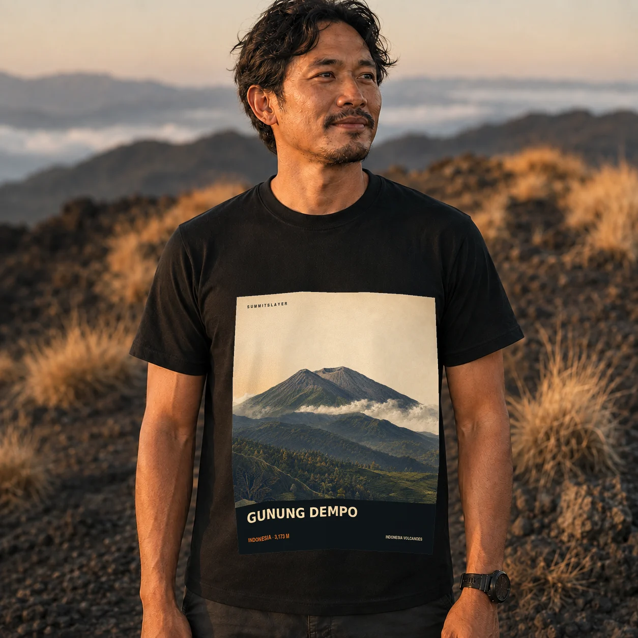 Black Gunung Merapi T-shirt front with mountain artwork