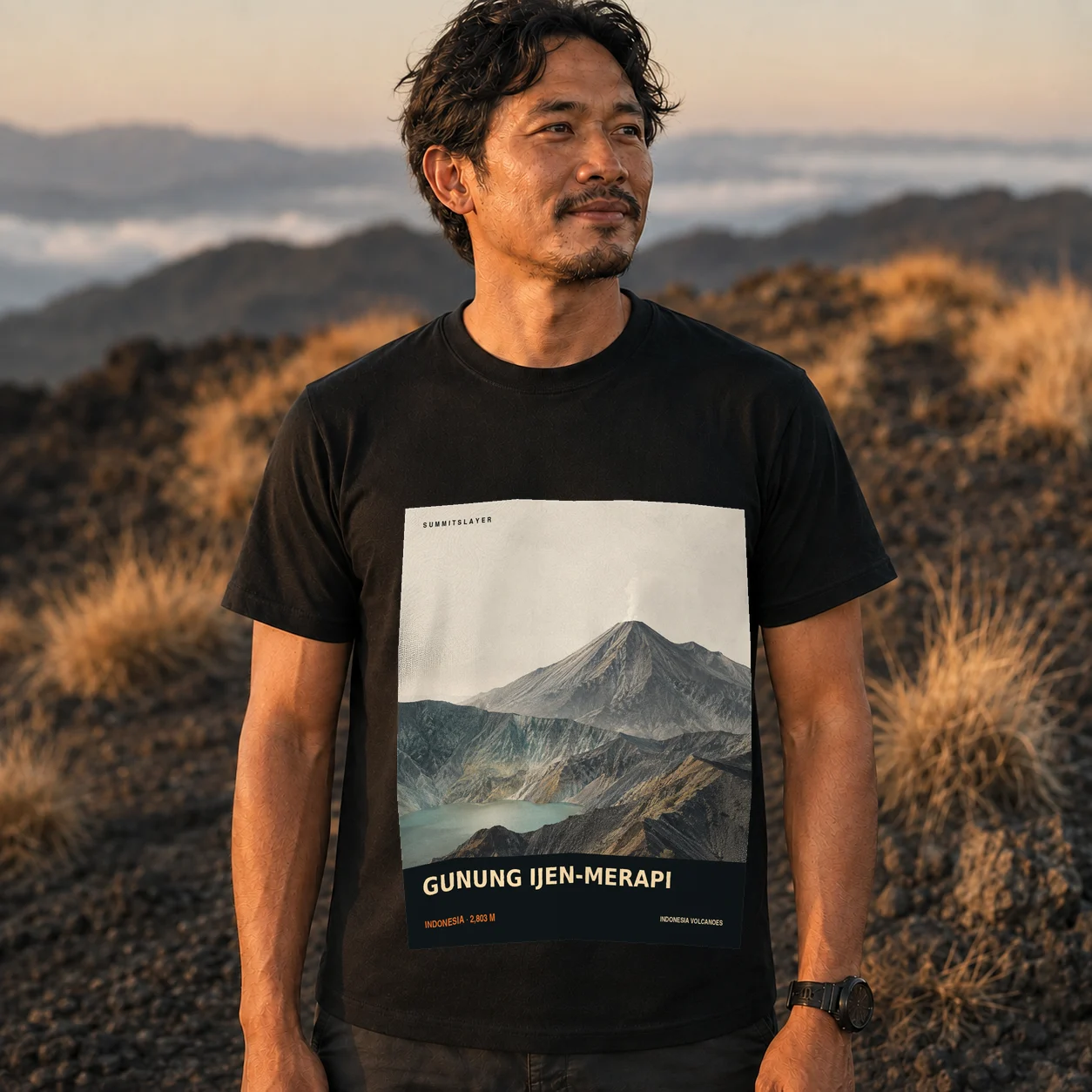 Black Gunung Merapi T-shirt front with mountain artwork