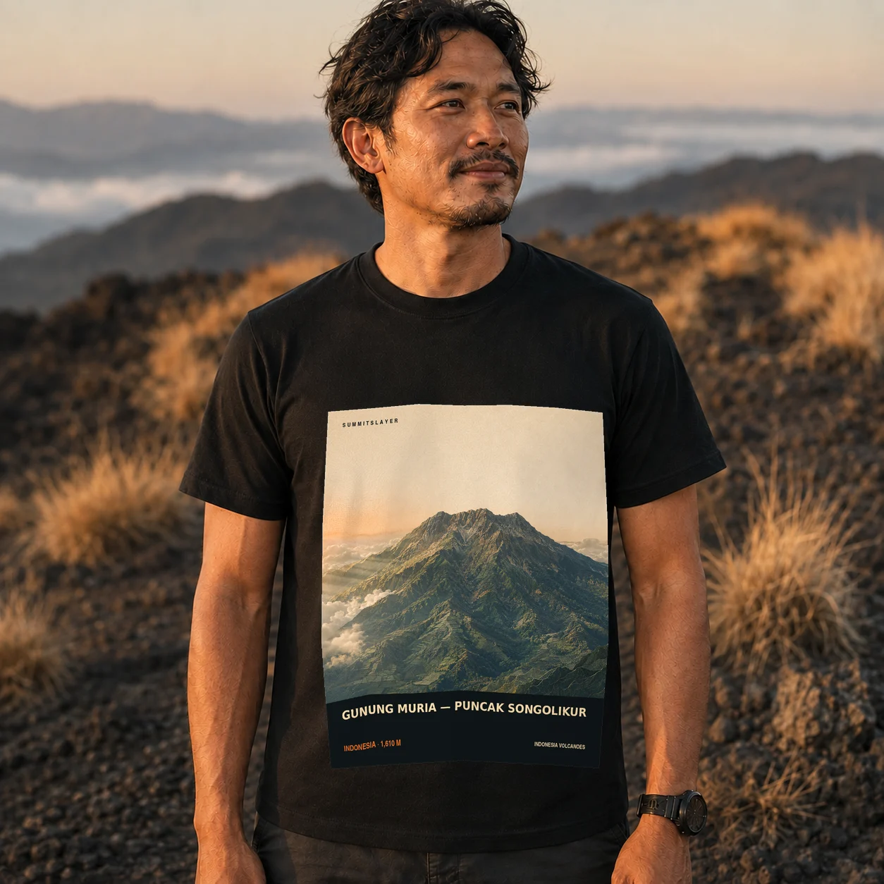 Black Gunung Muria T-shirt front with mountain artwork