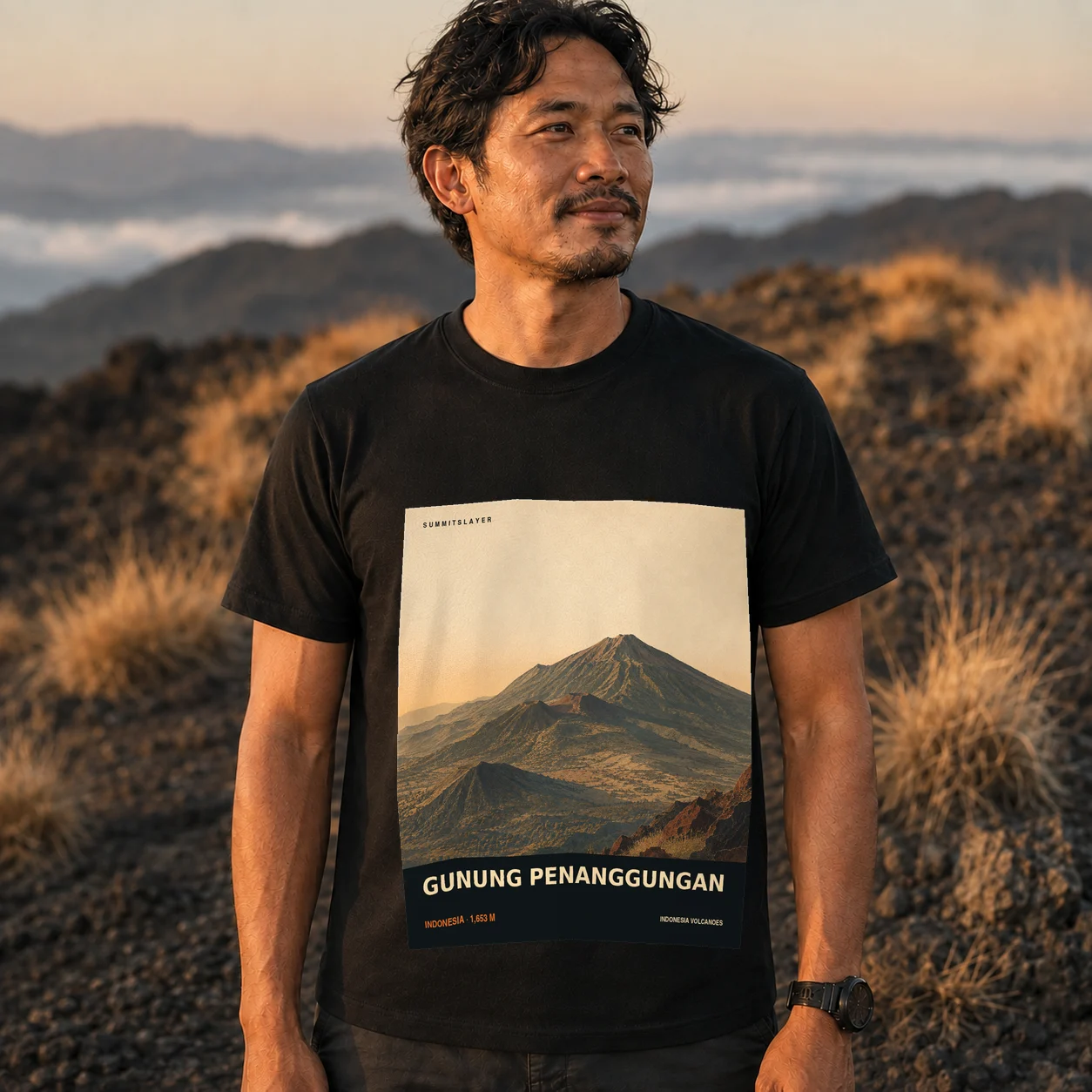 Black Gunung Penanggungan T-shirt front with mountain artwork