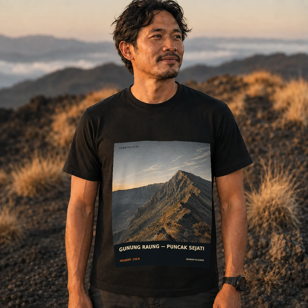 Black GUNUNG RAUNG — PUNCAK SEJATI T-shirt front with mountain artwork