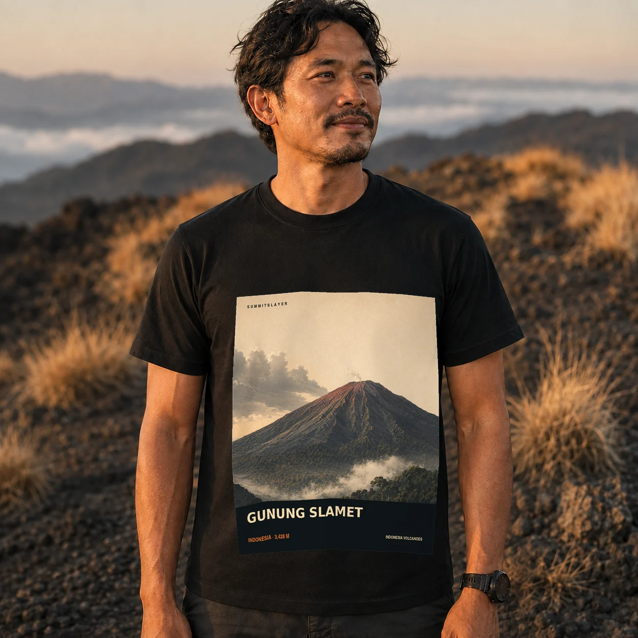 Black GUNUNG SLAMET T-shirt front with mountain artwork