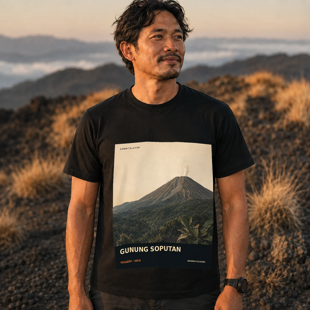 Black Gunung Soputanpatepangan T-shirt front with mountain artwork