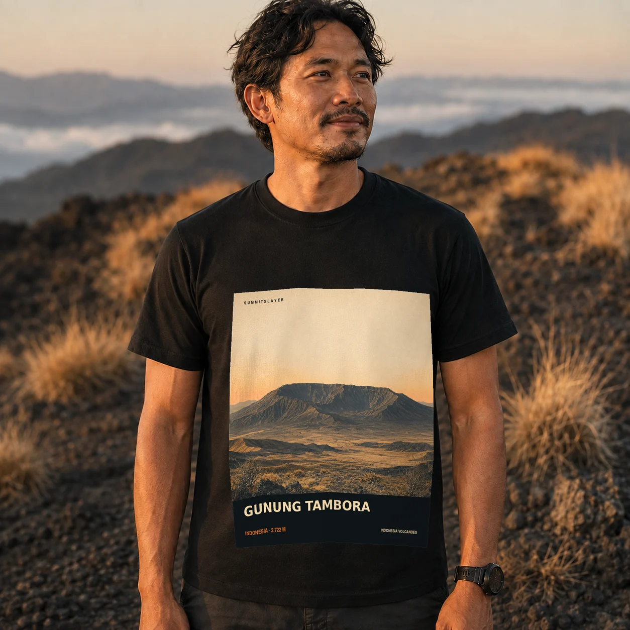 Black GUNUNG TAMBORA T-shirt front with mountain artwork