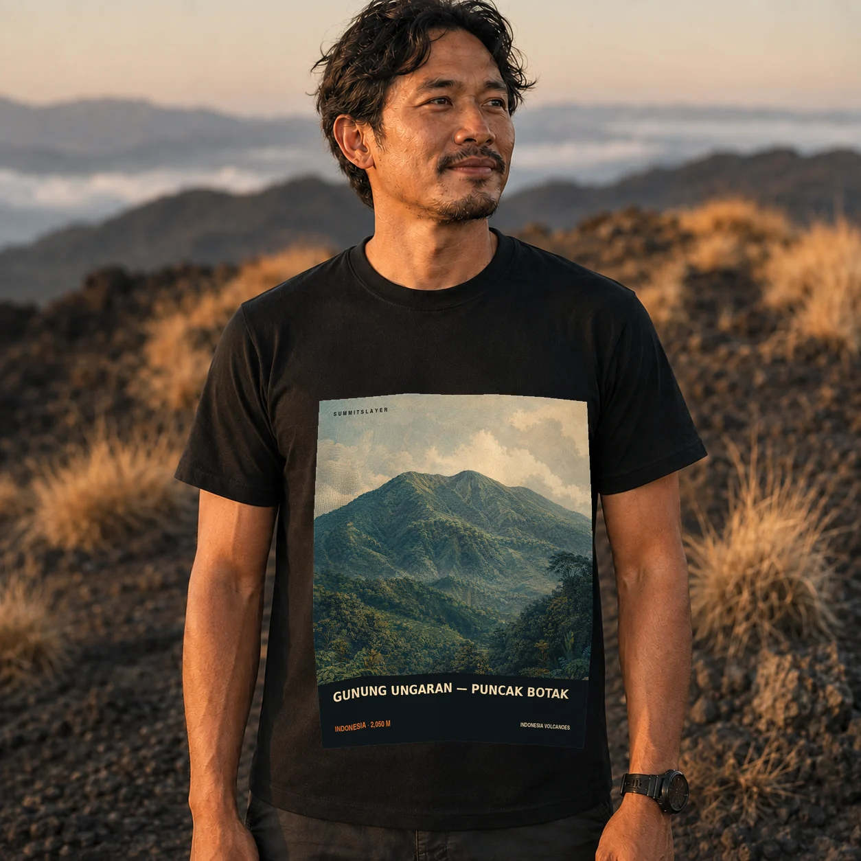 Black Gunung Ungaran T-shirt front with mountain artwork