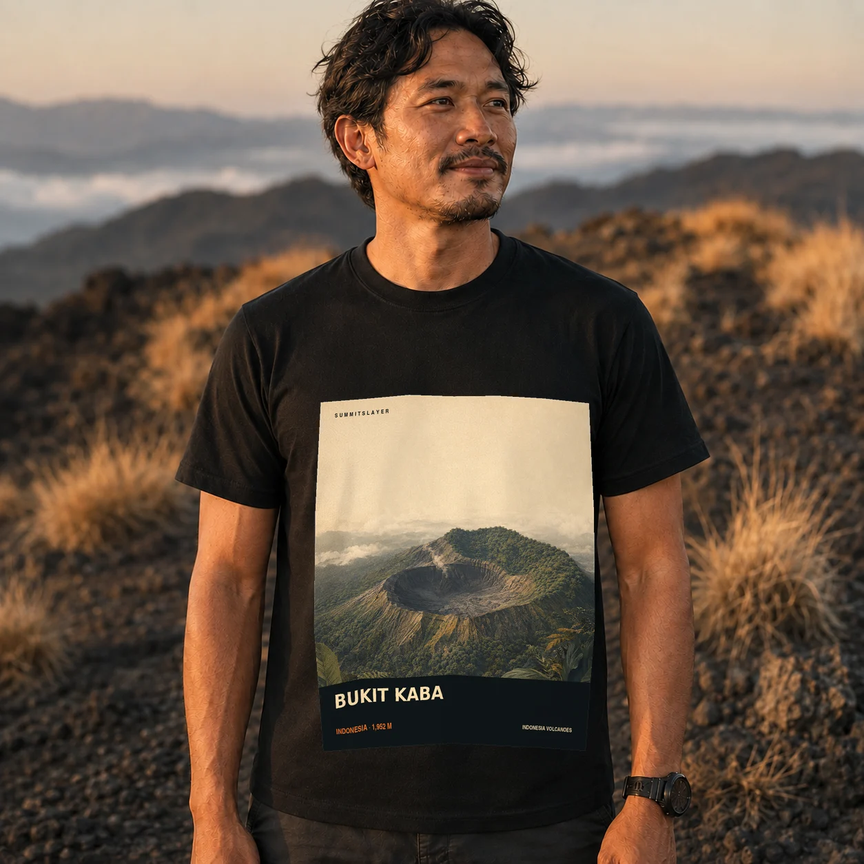 Black Bukit Kaba T-shirt front with mountain artwork