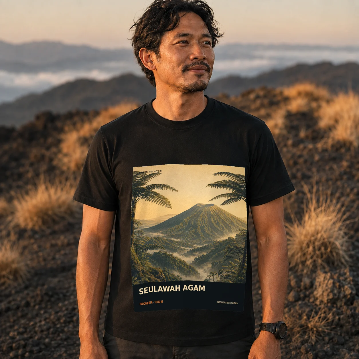 Black Cot Seulawah Agam T-shirt front with mountain artwork