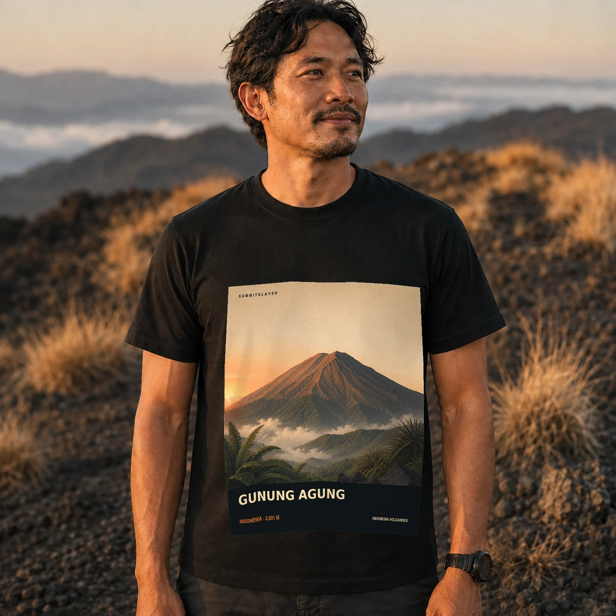Black GUNUNG AGUNG T-shirt front with mountain artwork