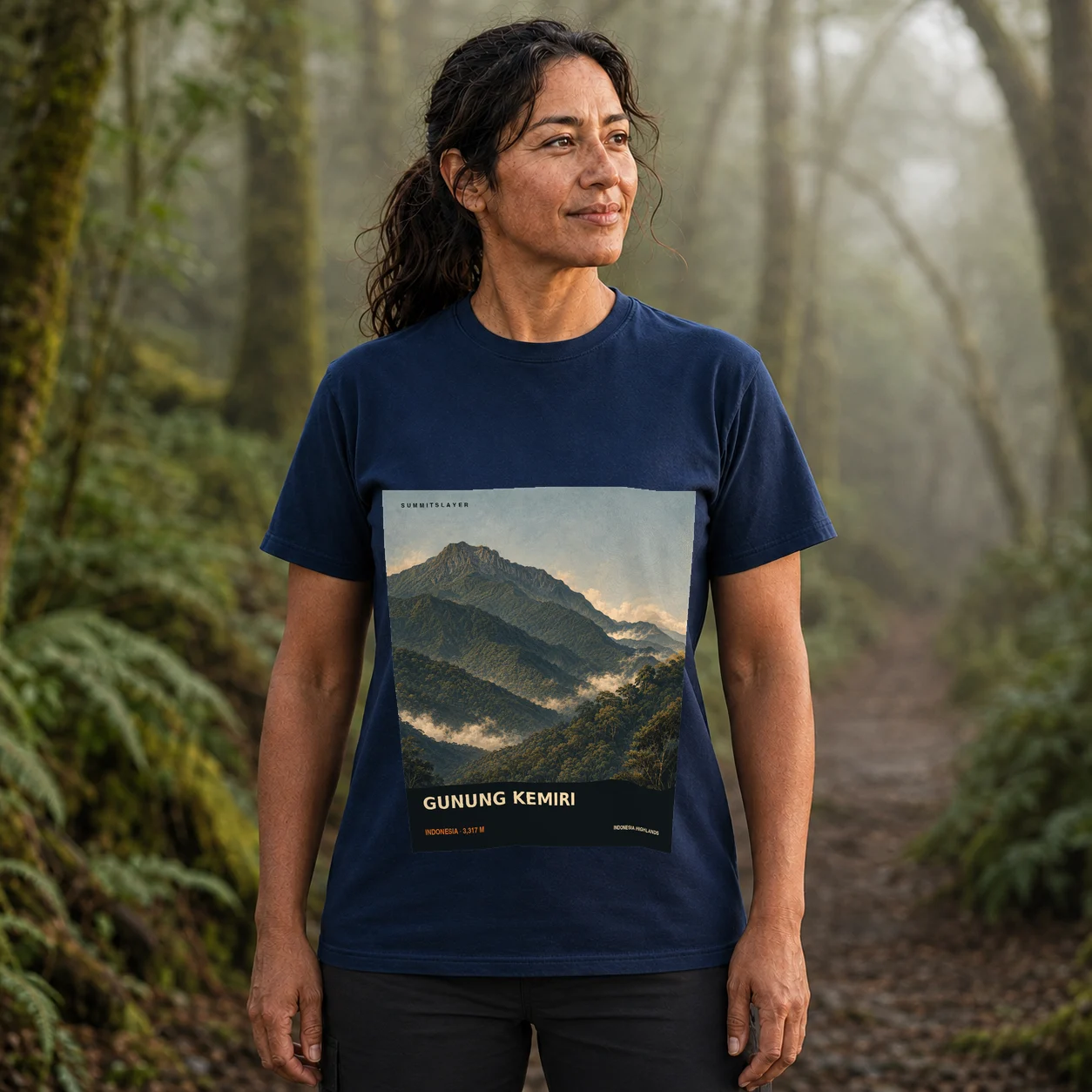 Navy Gunung Kemiri T-shirt front with mountain artwork