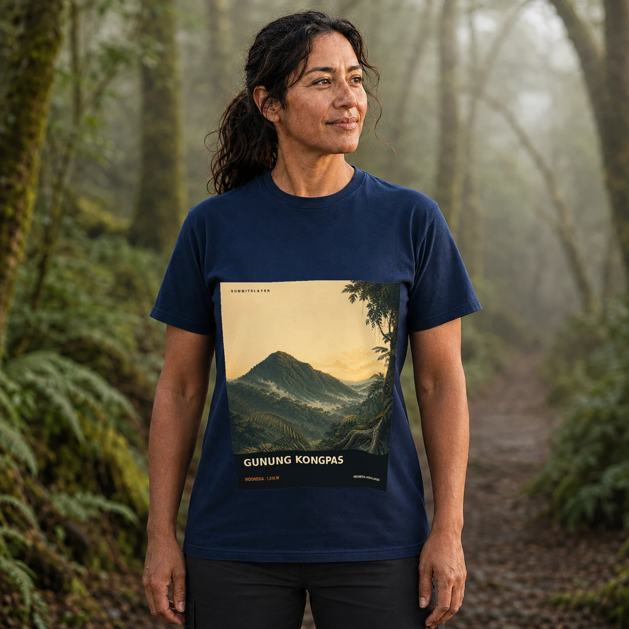Navy GUNUNG KONGPAS T-shirt front with mountain artwork