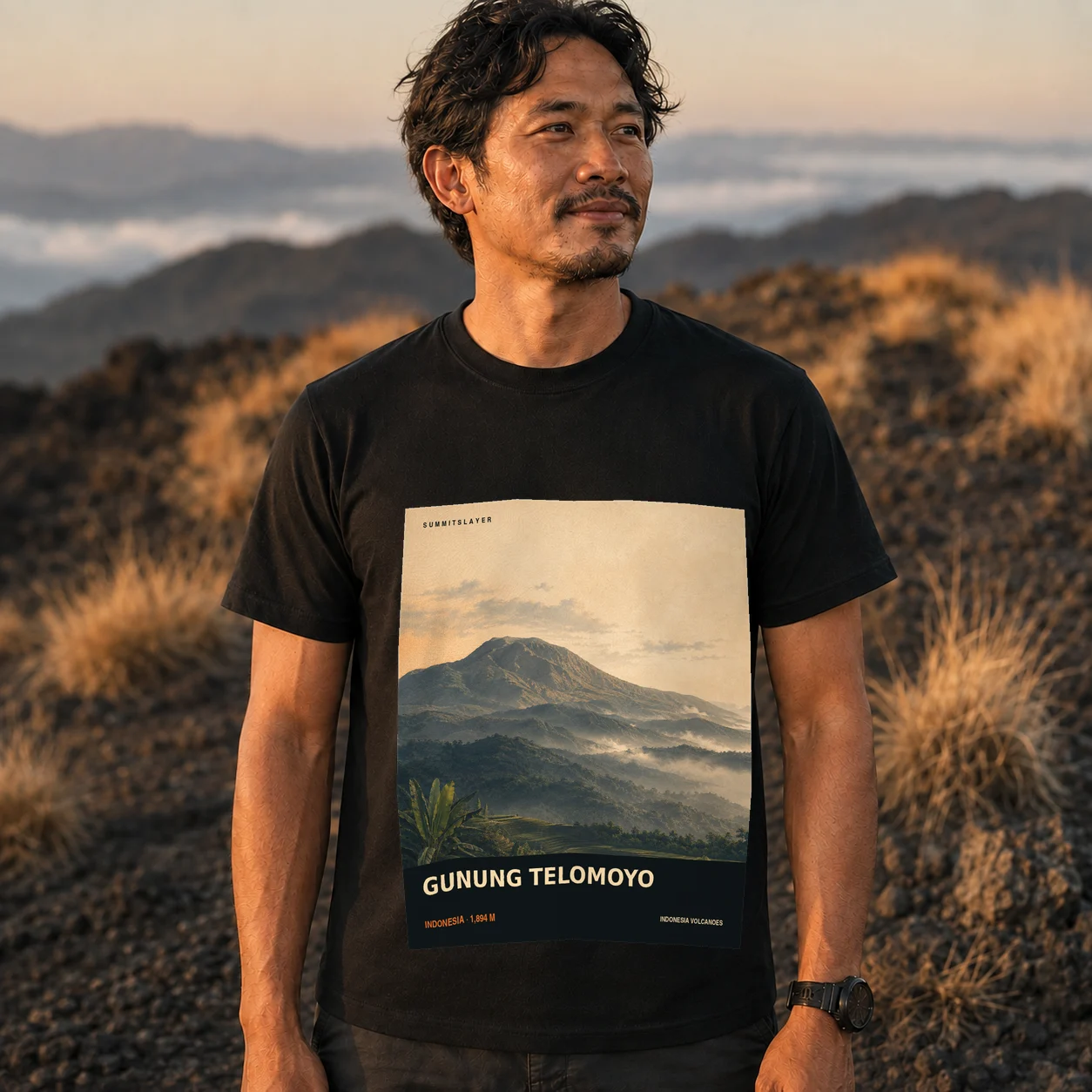 Black Gunung Telomoyo T-shirt front with mountain artwork
