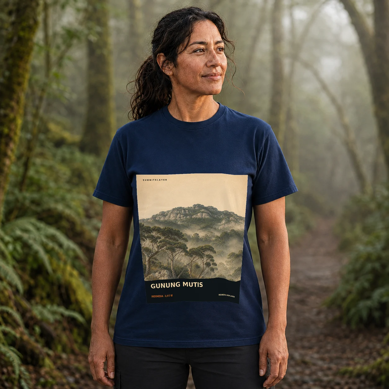Navy Nuaf Muna T-shirt front with mountain artwork