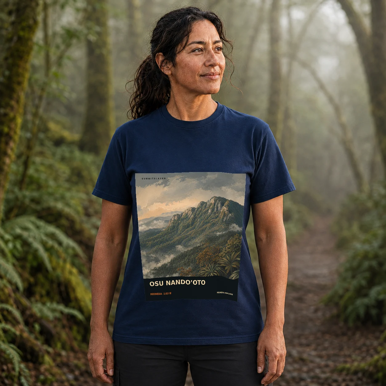 Navy Osu Nondoto T-shirt front with mountain artwork