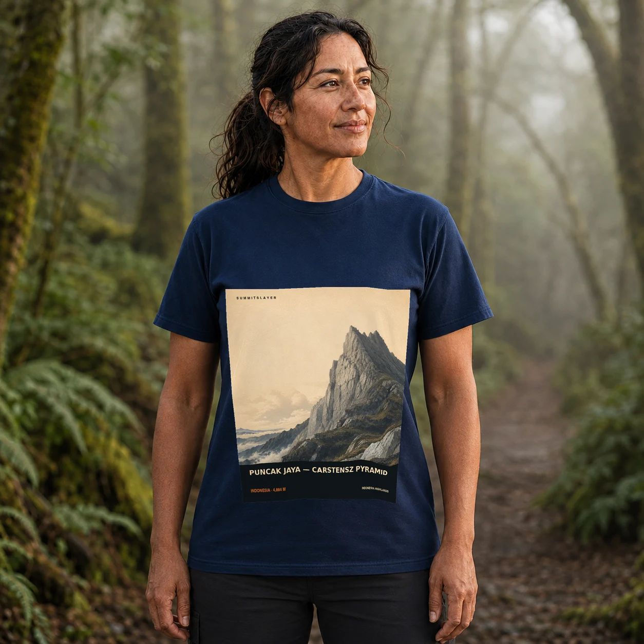 Navy PUNCAK JAYA — CARSTENSZ PYRAMID T-shirt front with mountain artwork
