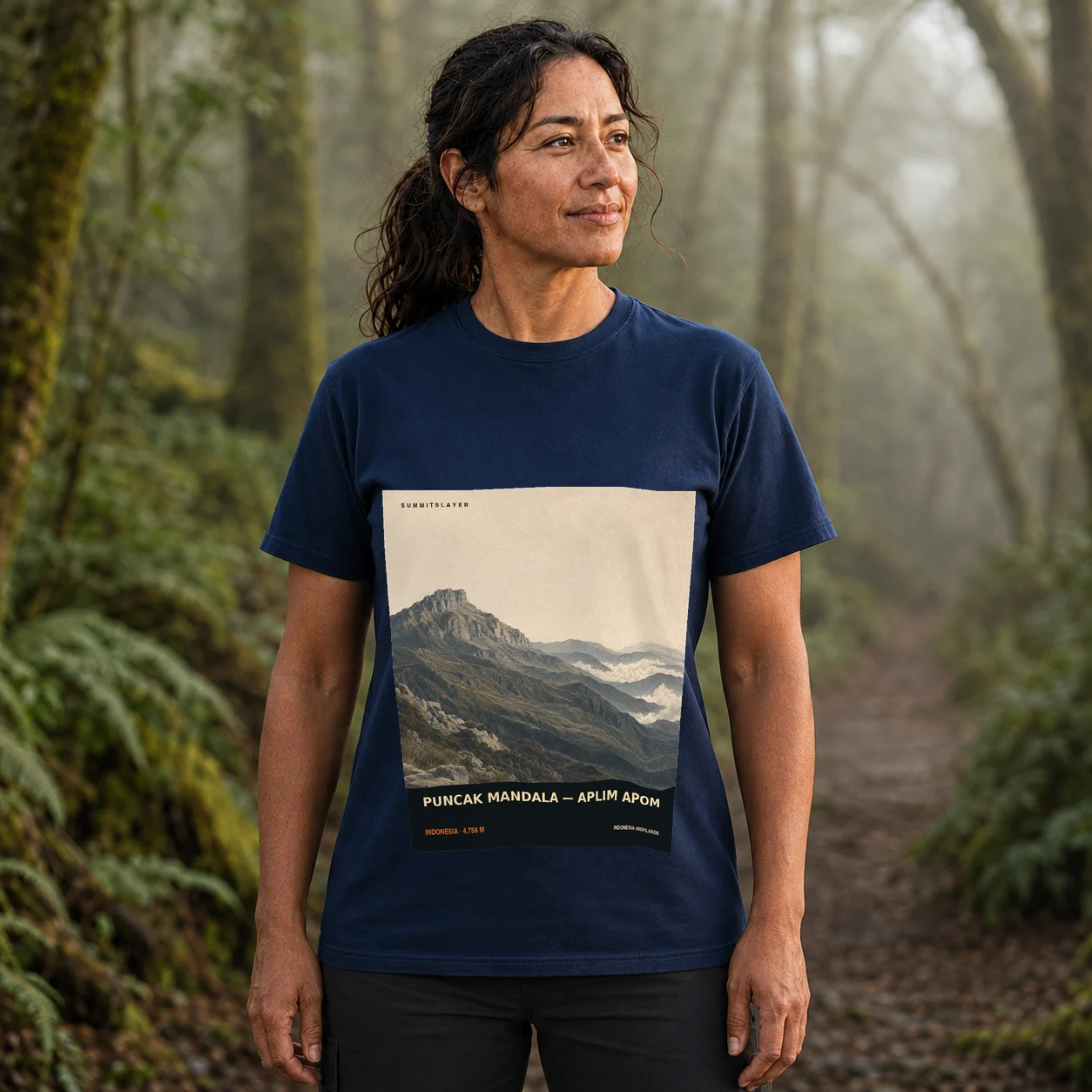 Navy Puncak Mandala T-shirt front with mountain artwork