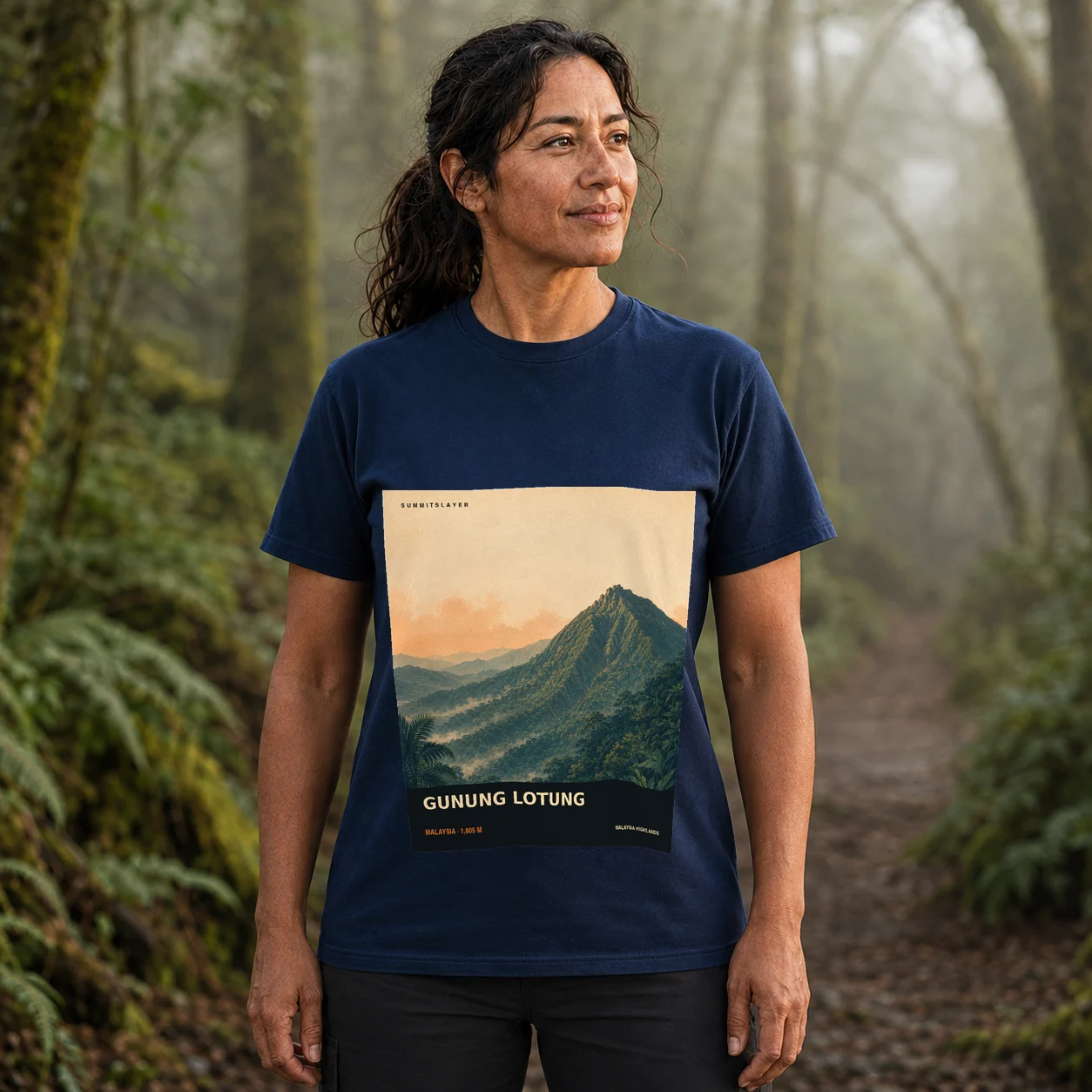 Navy GUNUNG LOTUNG T-shirt front with mountain artwork