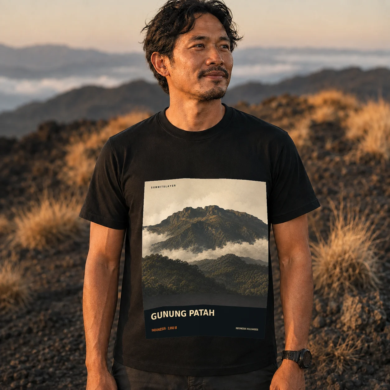 Black Gunung Patah T-shirt front with mountain artwork