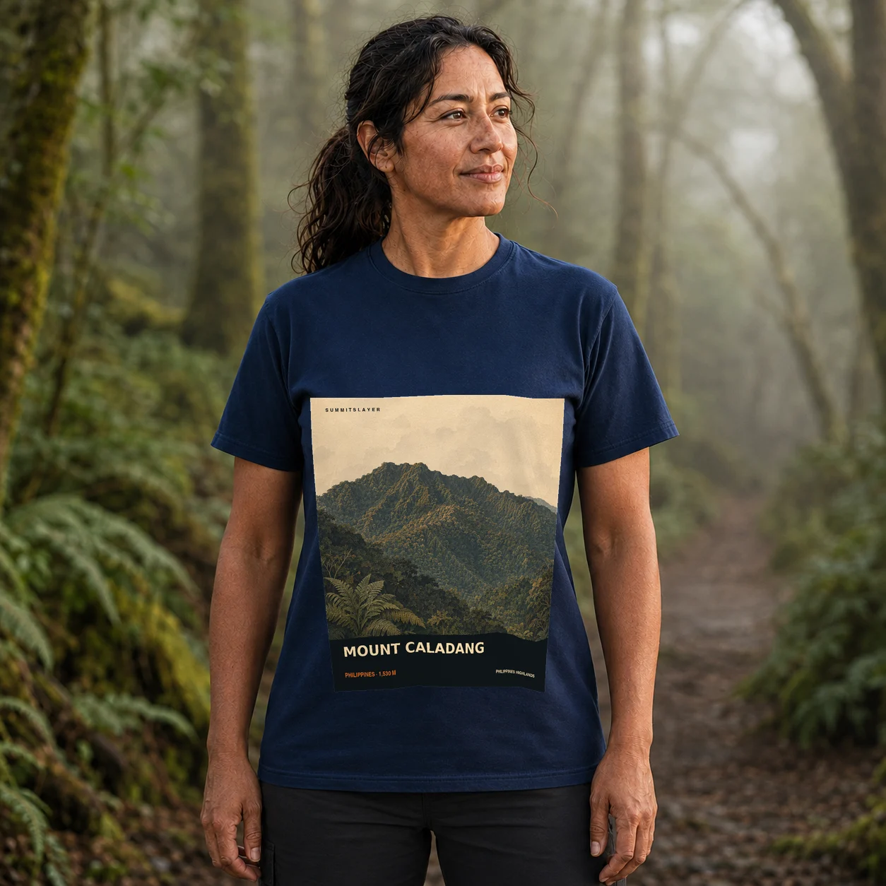 Navy MOUNT CALADANG T-shirt front with mountain artwork
