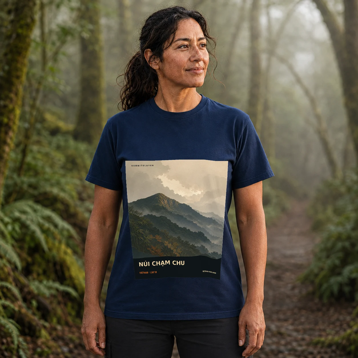 Navy Núi Chạm Chu T-shirt front with mountain artwork