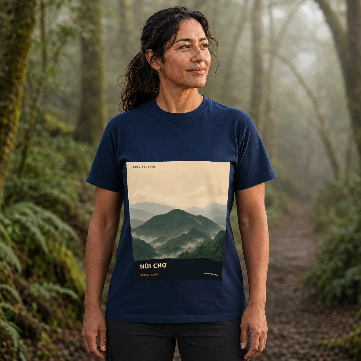Navy Núi Cho T-shirt front with mountain artwork