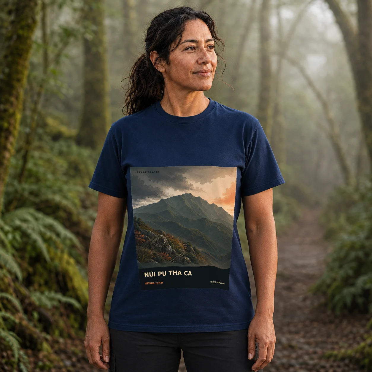 Navy Núi Pu Tha Ca T-shirt front with mountain artwork