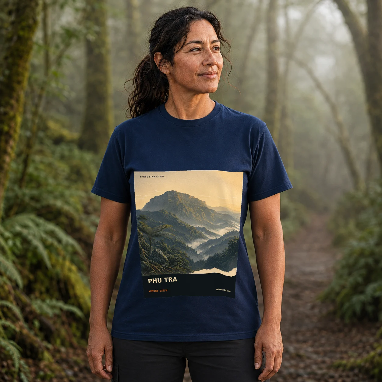 Navy Phu Tra T-shirt front with mountain artwork