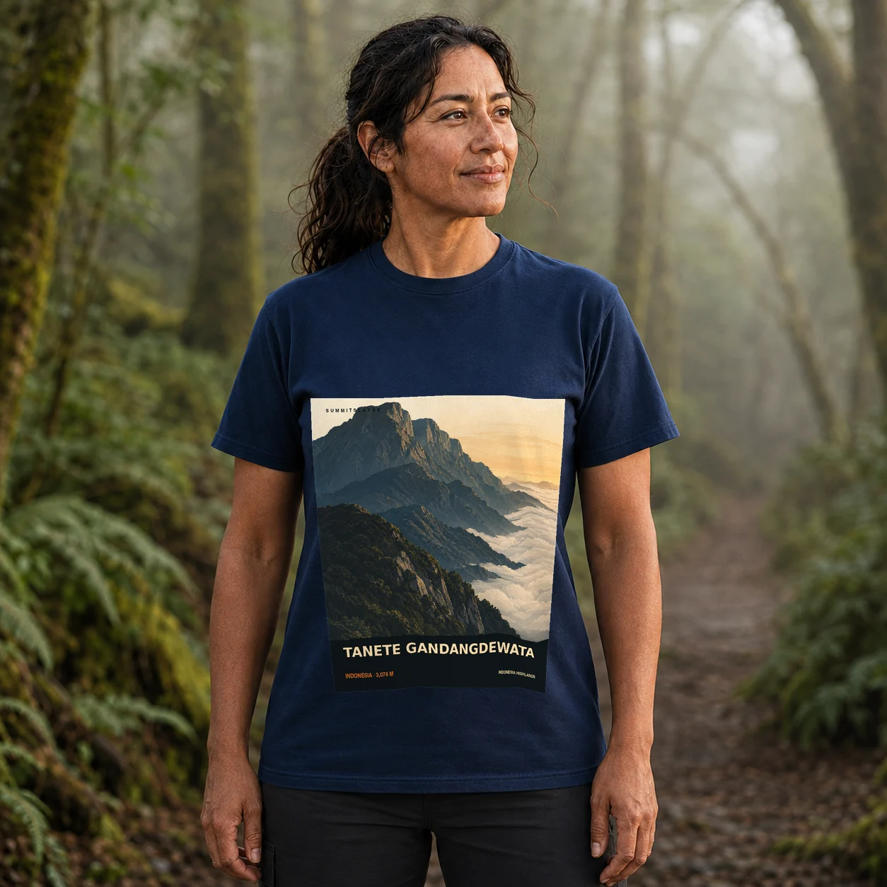 Navy Tanete Gandangdewata T-shirt front with mountain artwork