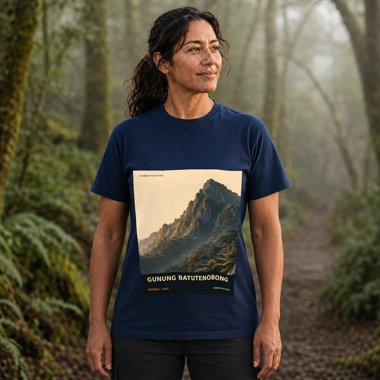 Navy GUNUNG BATUTENOBONG T-shirt front with mountain artwork