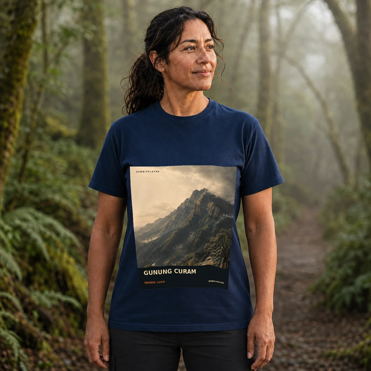 Navy GUNUNG CURAM T-shirt front with mountain artwork