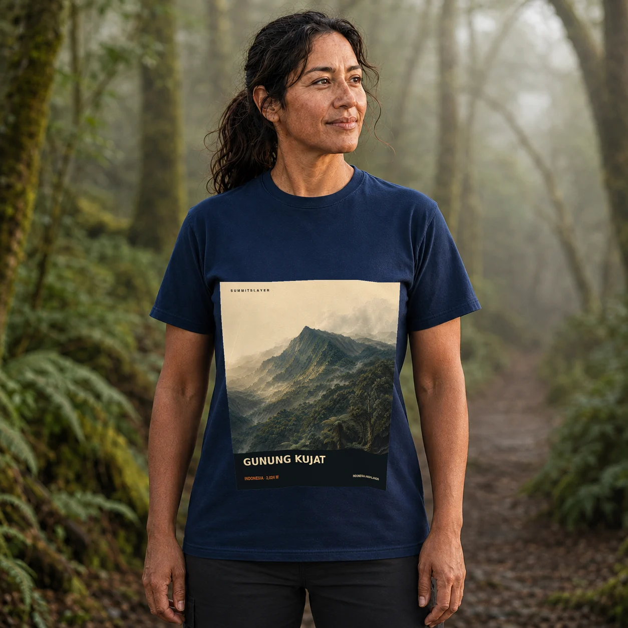 Navy GUNUNG KUJAT T-shirt front with mountain artwork