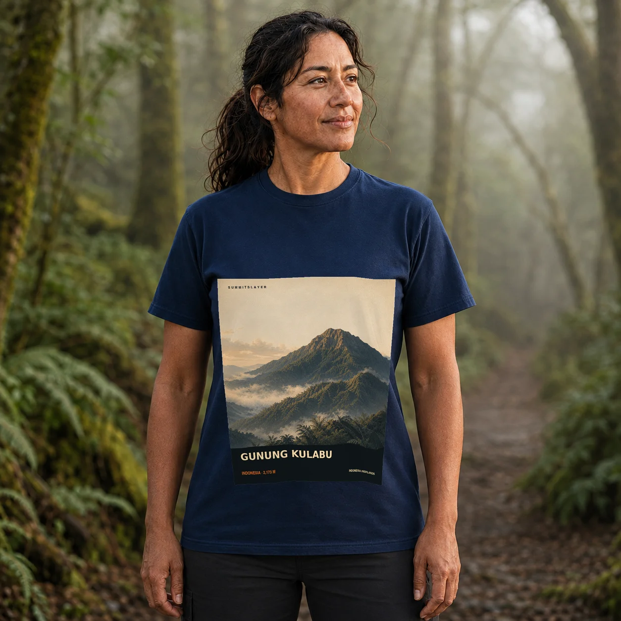 Navy Gunung Kulabu T-shirt front with mountain artwork