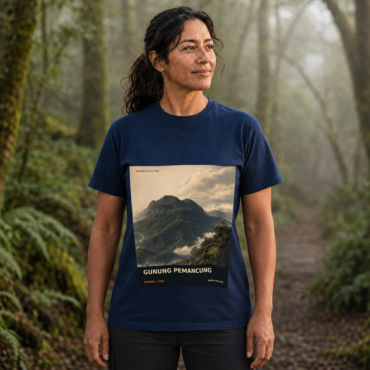 Navy GUNUNG PEMANCUNG T-shirt front with mountain artwork