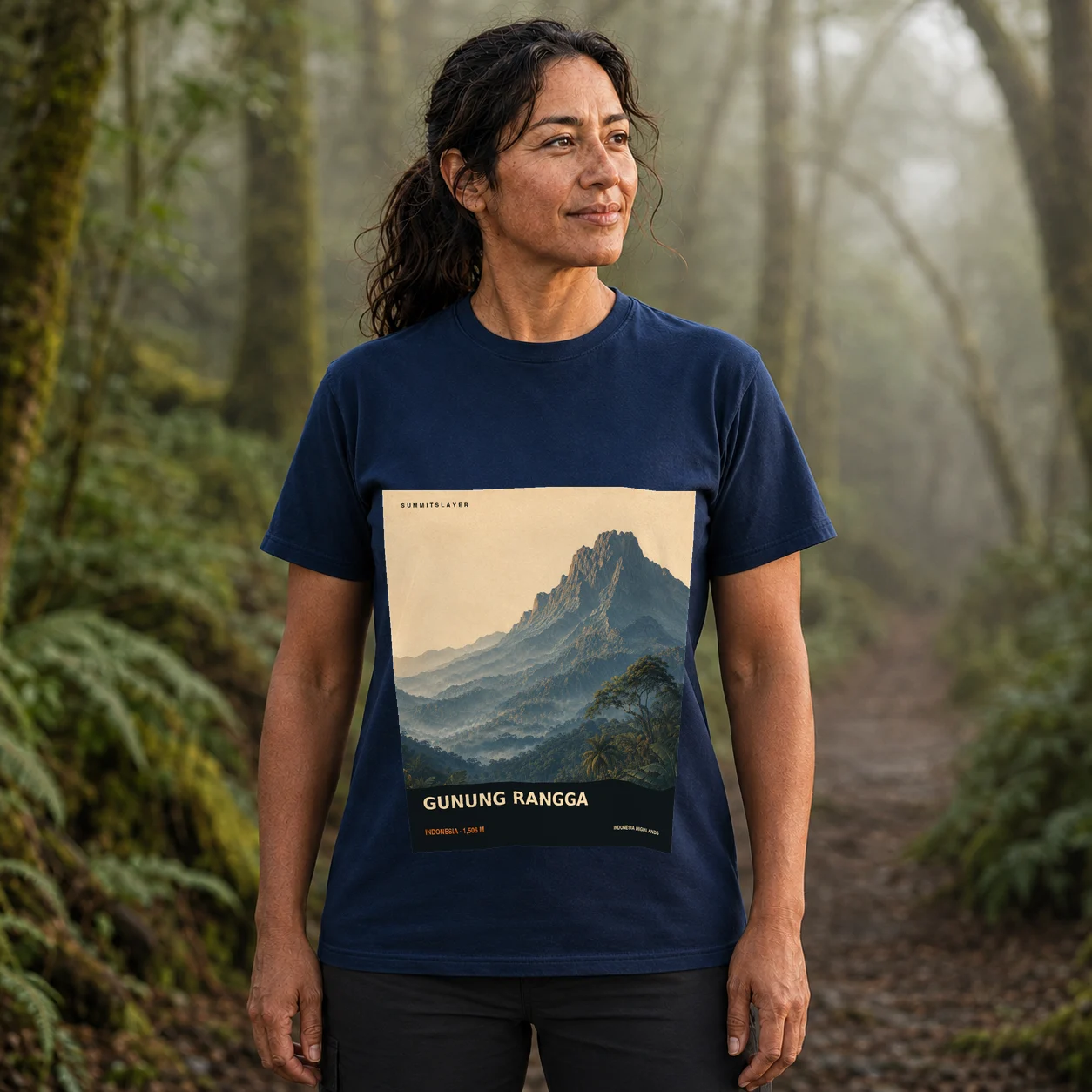 Navy GUNUNG RANGGA T-shirt front with mountain artwork