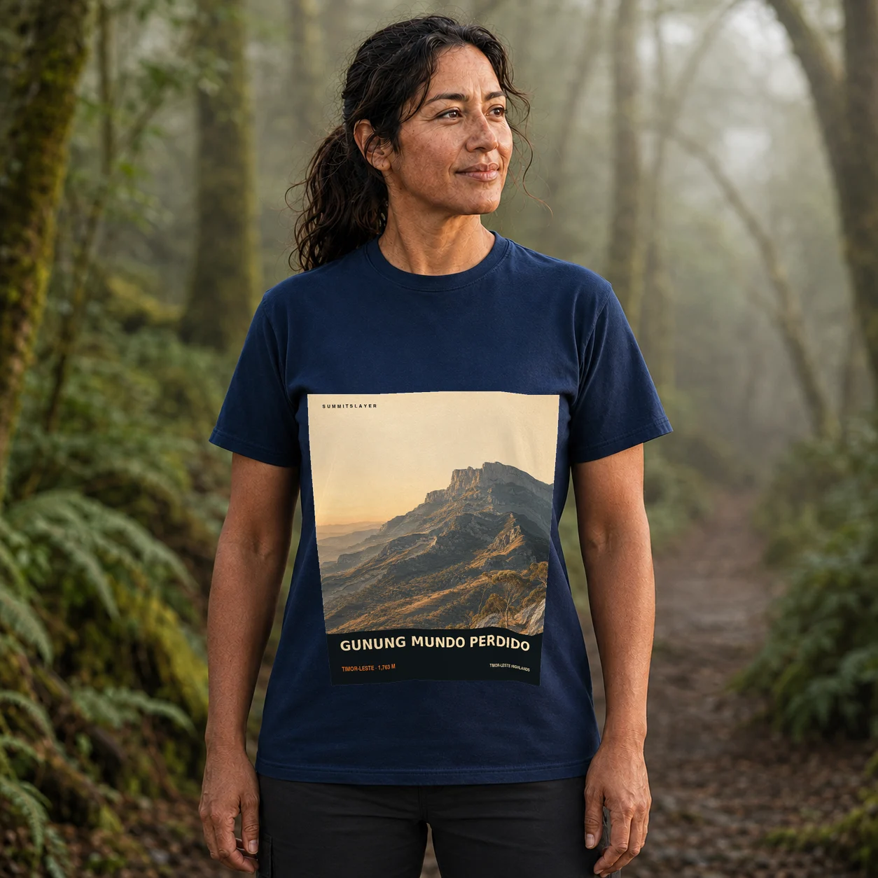 Navy Gunung Uaitara T-shirt front with mountain artwork