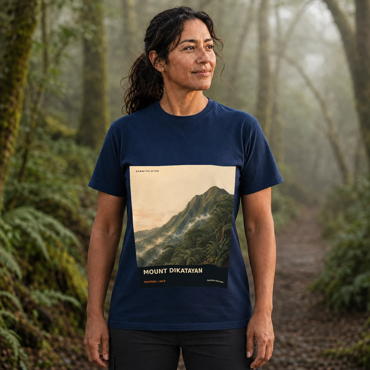 Navy MOUNT DIKATAYAN T-shirt front with mountain artwork