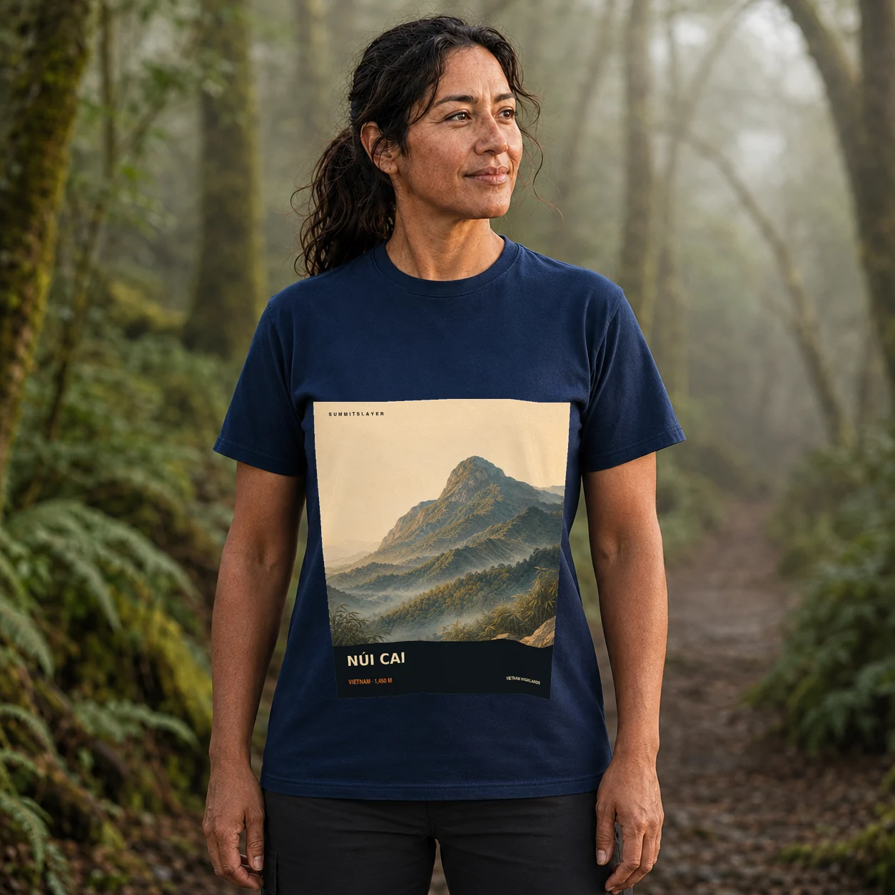 Navy NÚI CAI T-shirt front with mountain artwork