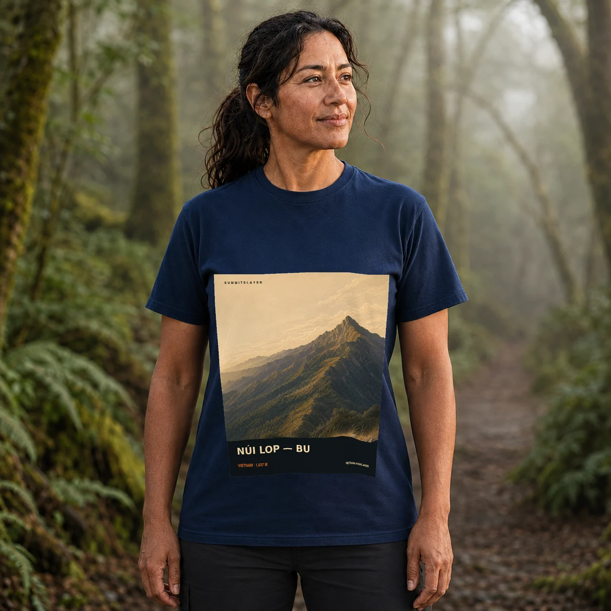 Navy NÚI LOP — BU T-shirt front with mountain artwork